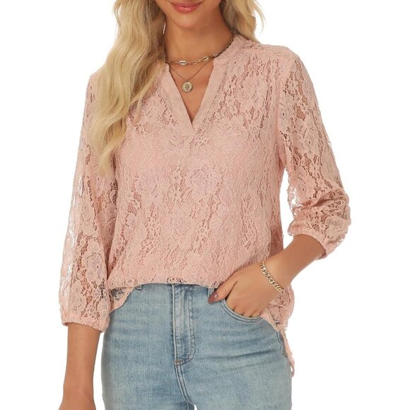 Tops - Lace Top Women Casual Blouse 3/4 Sleeve V-Neck Floral Office Wear